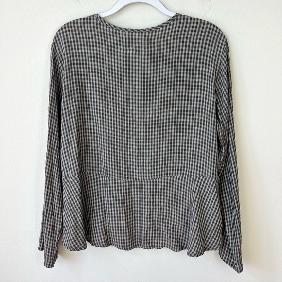 Flax Peplum Button Front Long Sleeve Top Gingham Checkered Organic Lagenlook - Picture 3 of 4